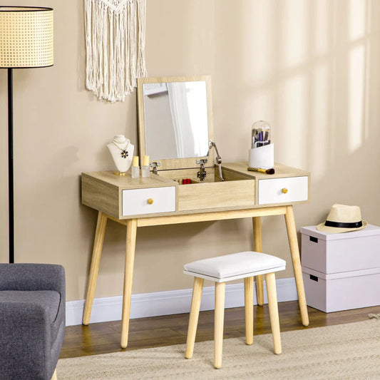 Modern Wooden Vanity Make-up Table an Stool, with Mirror and Jewels Organiser