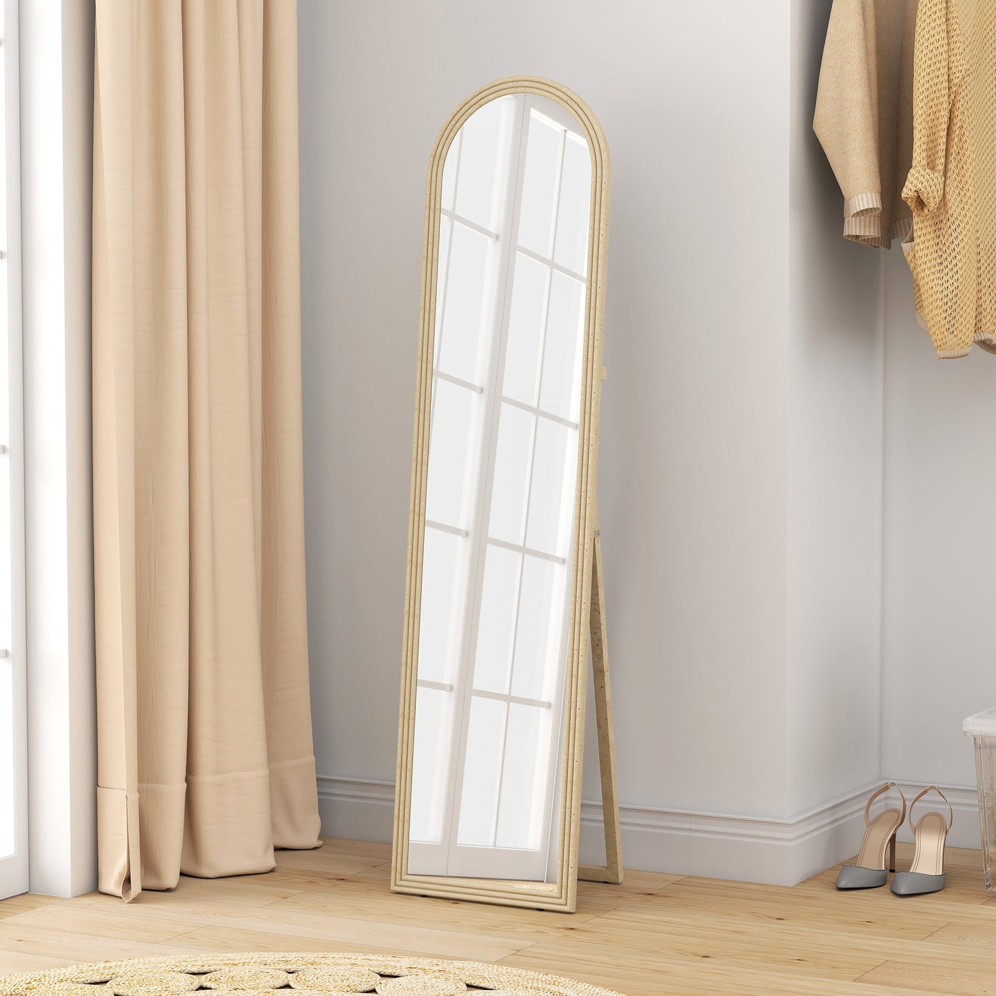 Full-Length Floor and Wall Mirror with Easel, Stone Effect and Arch Shape, 40x160 cm, Beige