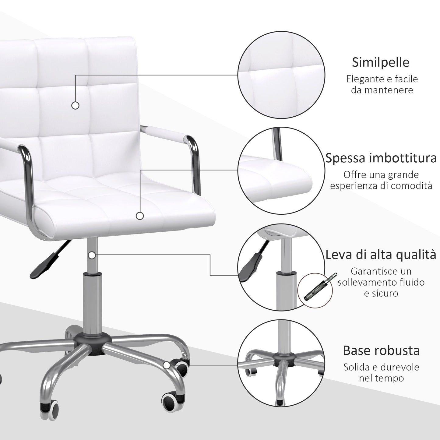 White PU Leather Office Chair with 5 Swivel Wheels, Padded and Adjustable Height, 52.5x54x84-99cm