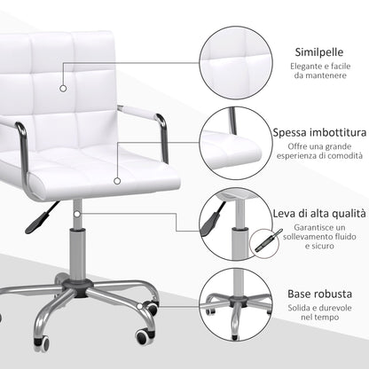 White PU Leather Office Chair with 5 Swivel Wheels, Padded and Adjustable Height, 52.5x54x84-99cm