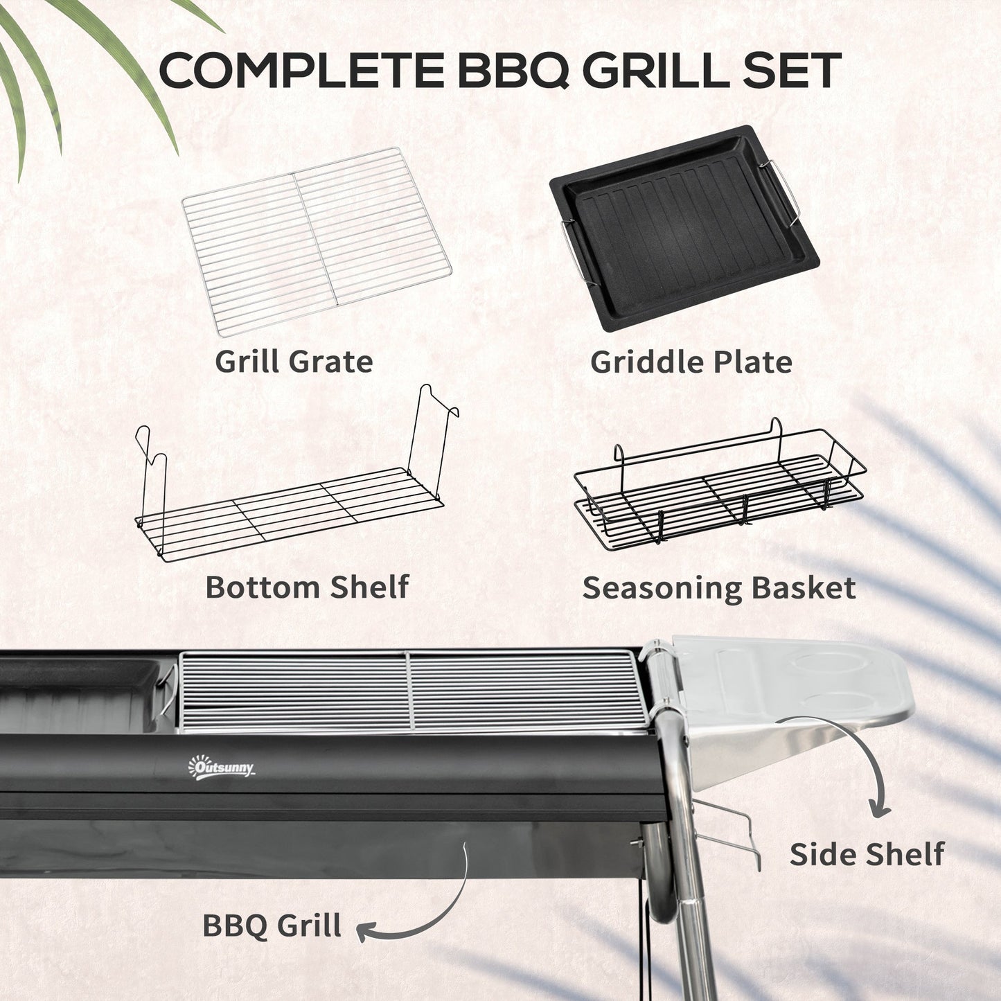 Charcoal Barbecue with Grill and Cooking Plate, Basket and Shelves, 96x61x72cm, Black