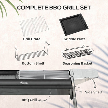 Charcoal Barbecue with Grill and Cooking Plate, Basket and Shelves, 96x61x72cm, Black