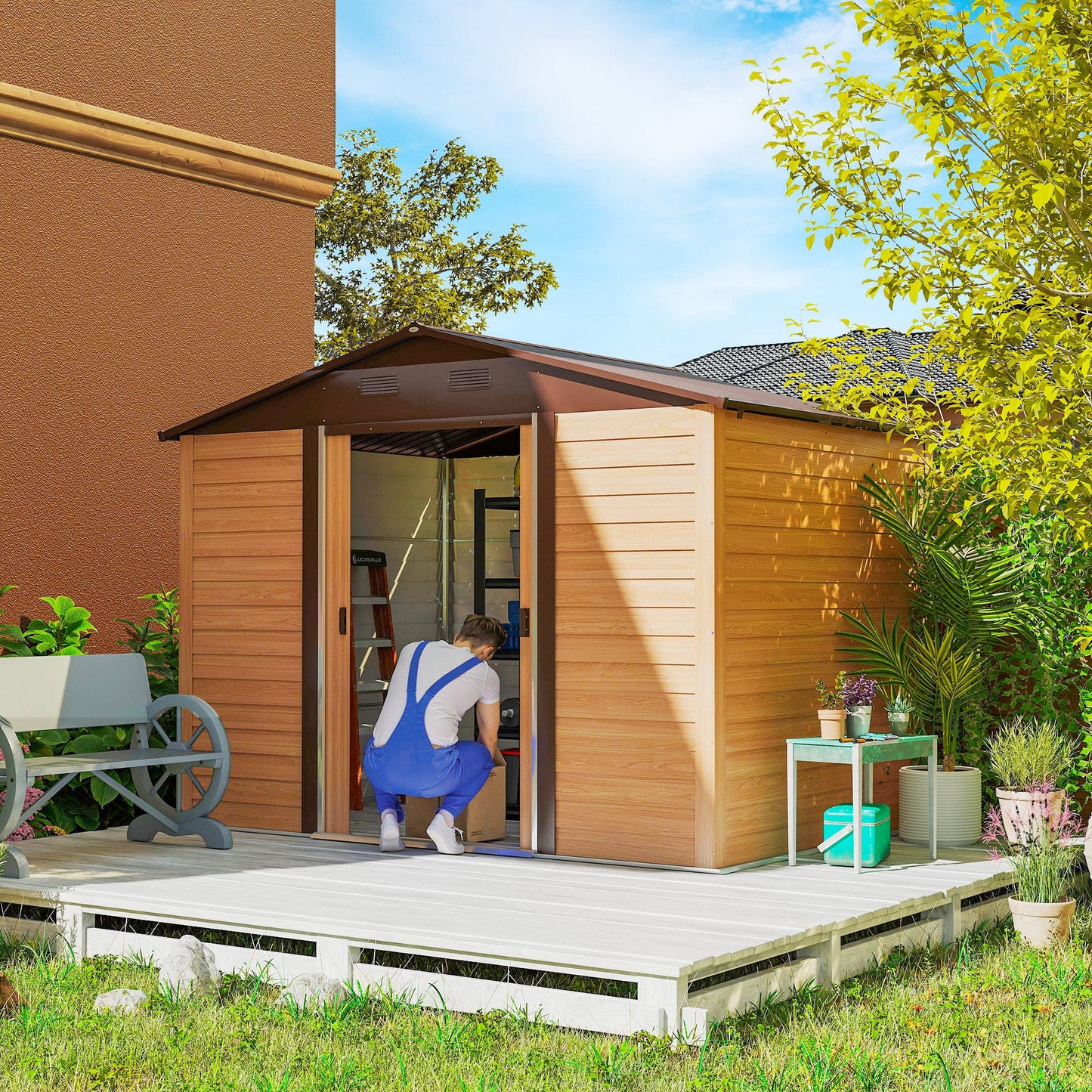 Garden Shed in Steel with Wood Effect and Double Sliding Doors, 278x195x215 cm, Brown