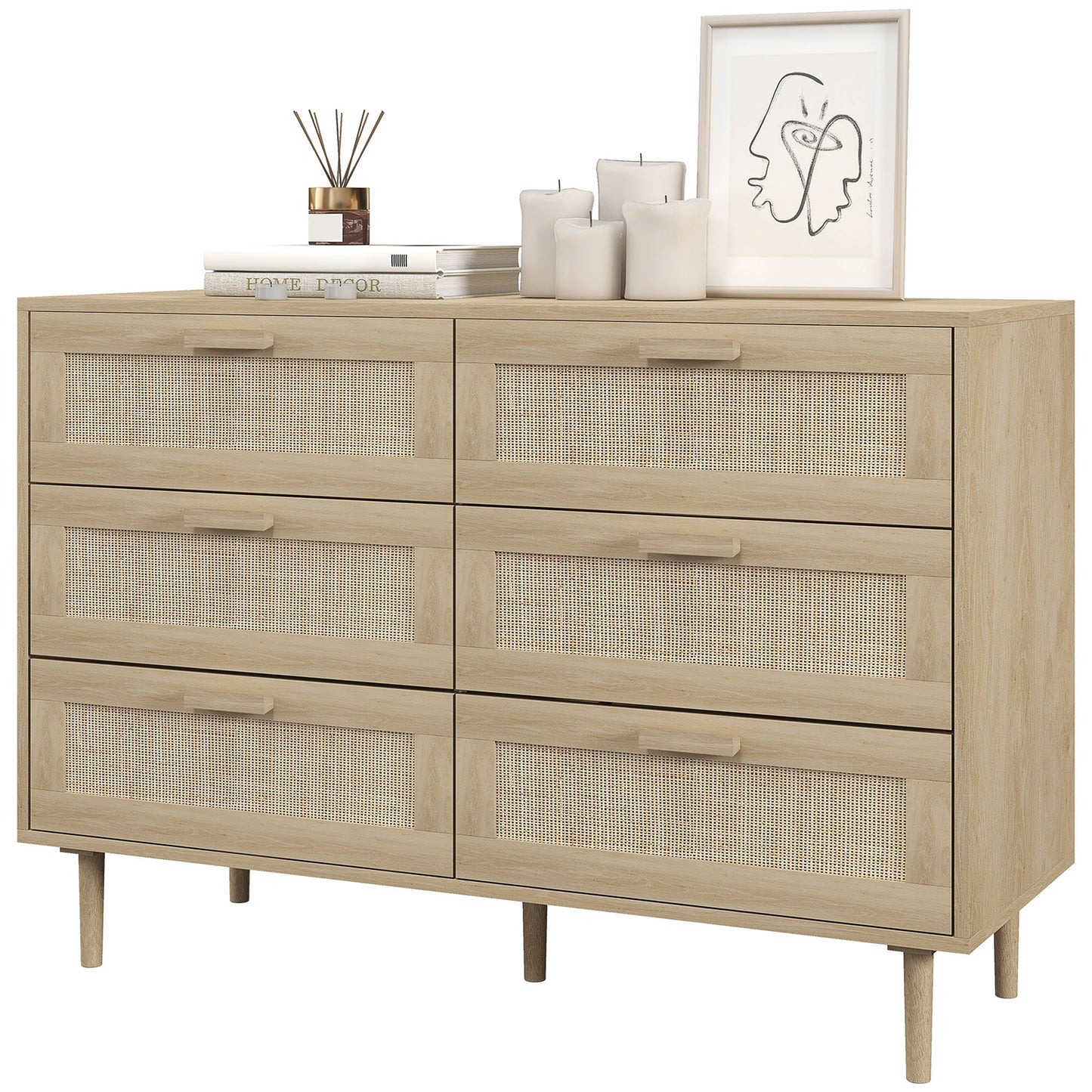 Boho 6 Drawer Chest of Drawers in Wood and Rattan Boho Style for Living Room and Bedroom, 110x40x75 cm