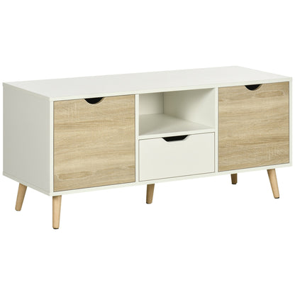 Modern TV Stand max 50" in Chipboard with Drawers, Open Shelves and Cabinets, 110x40x50 cm, White and Wood Color