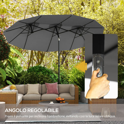 Double Umbrella Tiltable at 45° with Crank and Air Vents, in Steel and Polyester, 285x147x227 cm, Gray