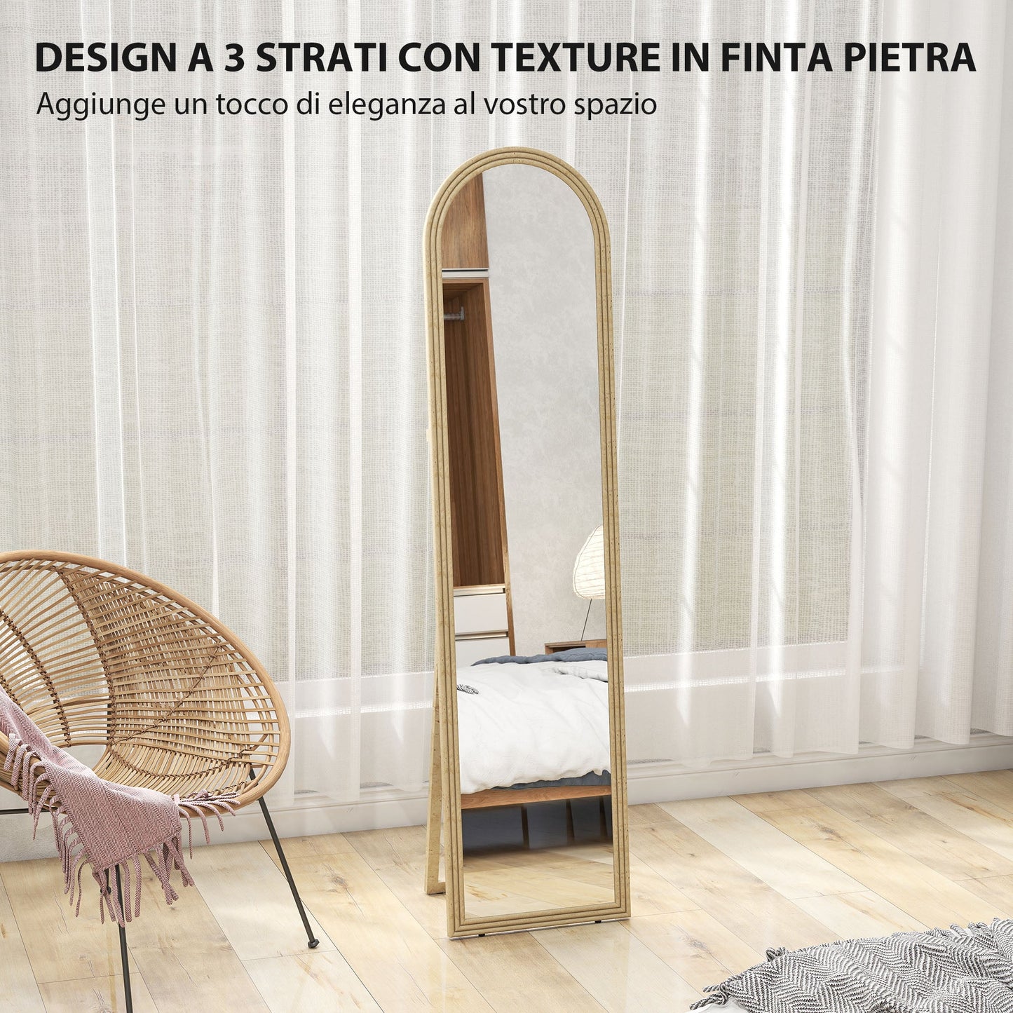 Full-Length Floor and Wall Mirror with Easel, Stone Effect and Arch Shape, 40x160 cm, Beige
