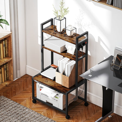 4-Tier Printer Cart with Power Outlets, Wheels and Metal Frame, 55x37.5x100 cm, Brown