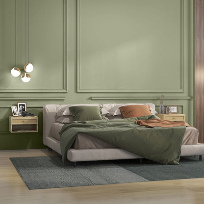 Set of 2 Bedside Tables with Drawer and Open Shelves in Boho Style, in Chipboard and Rattan, 40x34x23 cm