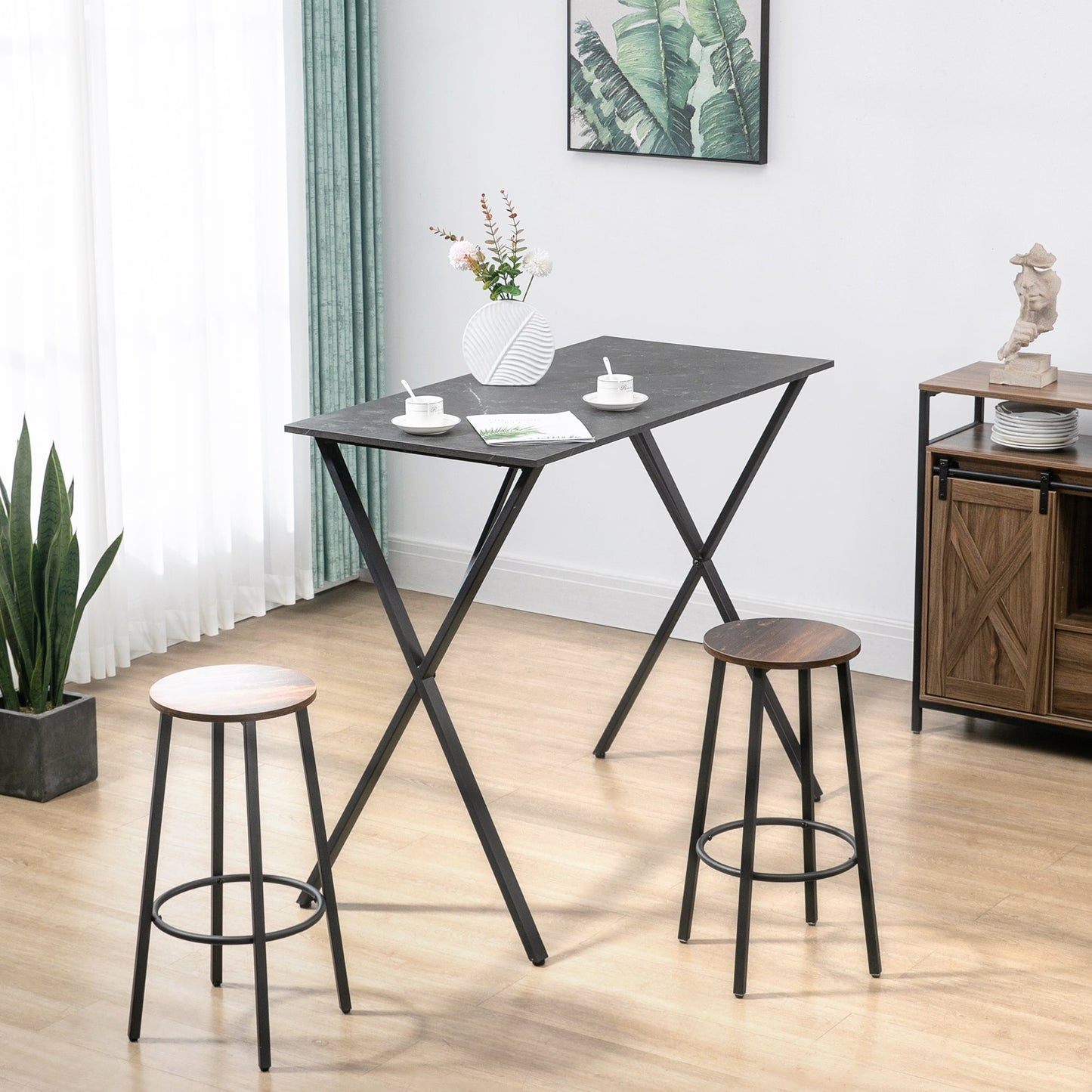 Industrial Style Bar Counter High Table Marble Effect, Wood and Steel 120x60x102 cm, Black