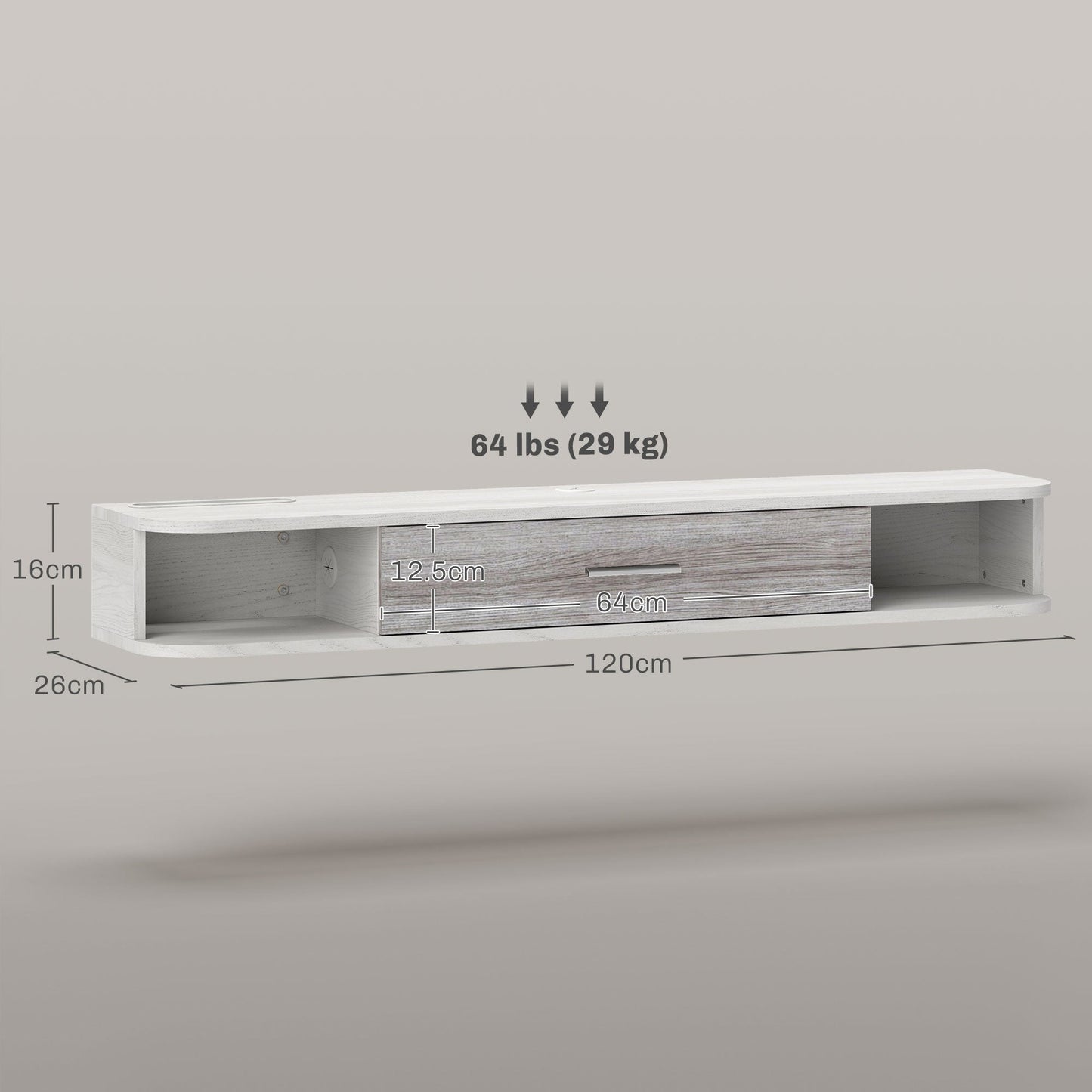 Wooden Wall Mounted TV Cabinet with 2 Open Shelves and Cabinet, 120x26x16 cm, White and Grey