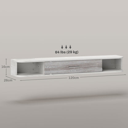 Wooden Wall Mounted TV Cabinet with 2 Open Shelves and Cabinet, 120x26x16 cm, White and Grey