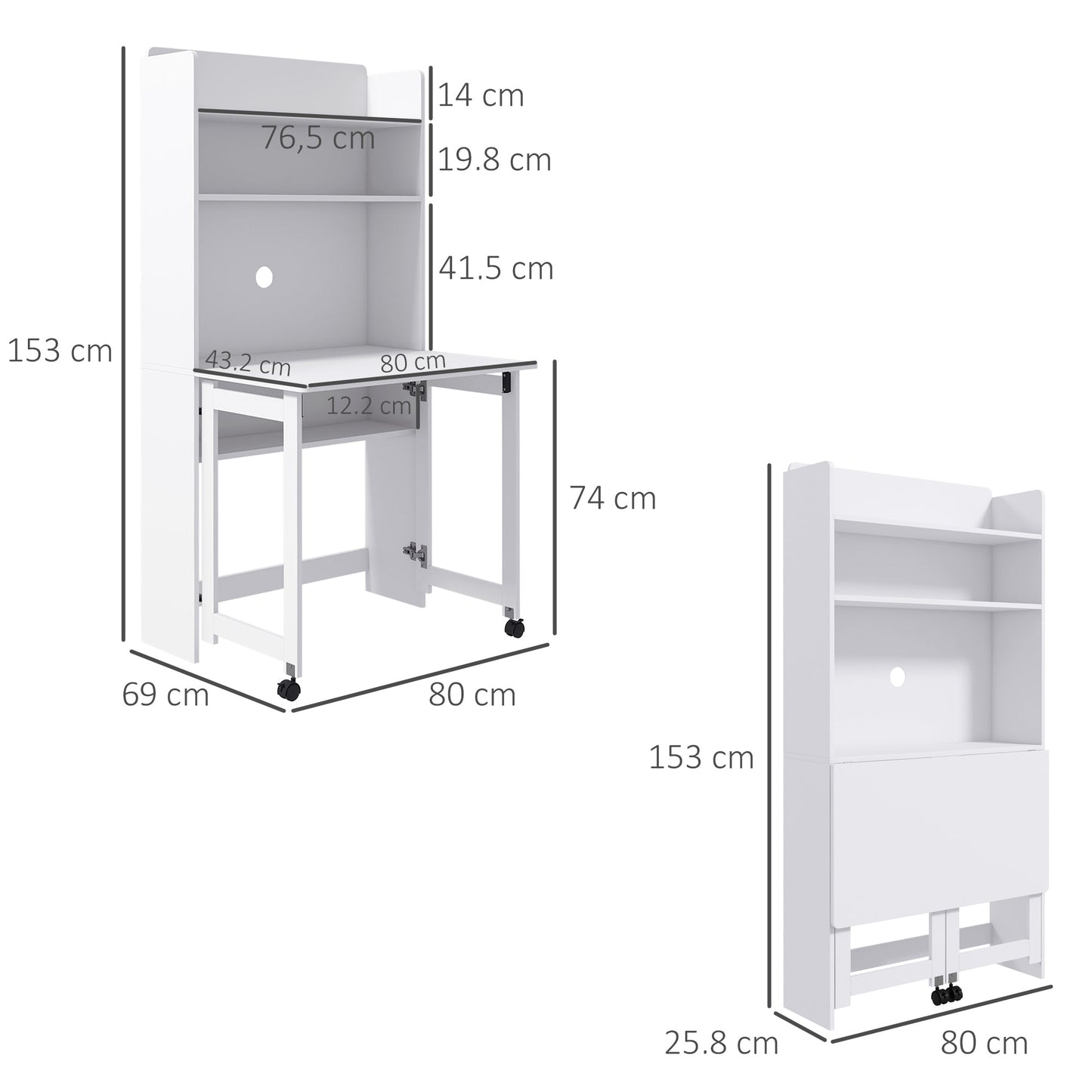 Folding Desk with 4-Tier Bookcase, 2 Wheels and Cable Hole, 80x69x155 cm, White