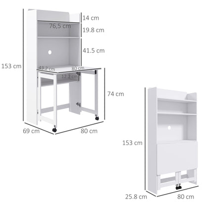 Folding Desk with 4-Tier Bookcase, 2 Wheels and Cable Hole, 80x69x155 cm, White