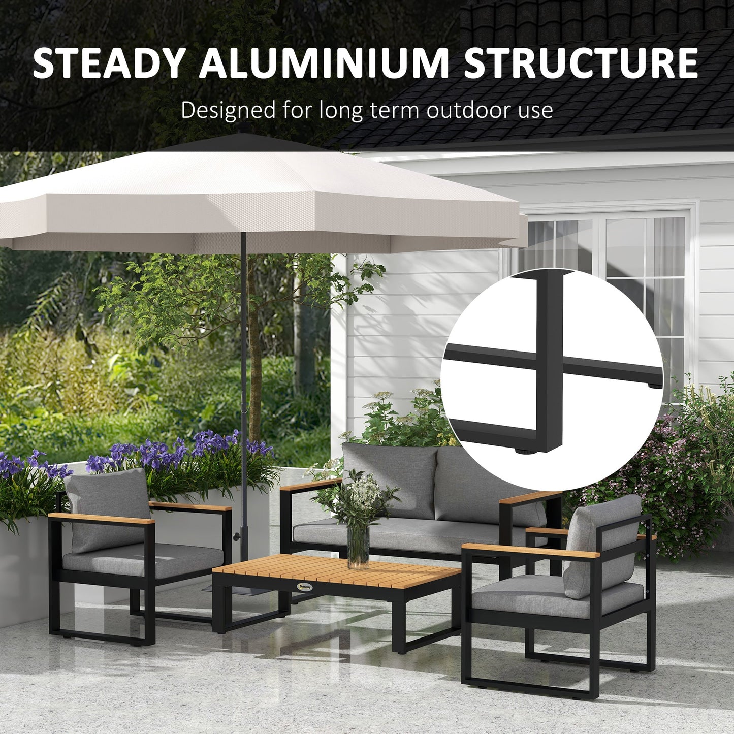 Garden Lounge Set with Outdoor Sofa, 2 Armchairs and Aluminium Coffee Table, Grey