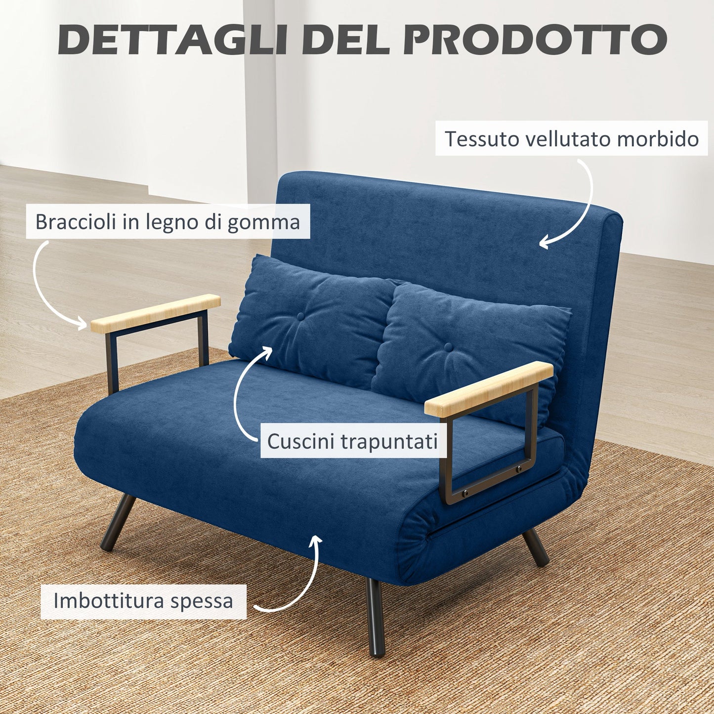 3 in 1 Velvet Fabric Sofa Bed with Adjustable Backrest and 2 Cushions, 102x73x81 cm, Blue