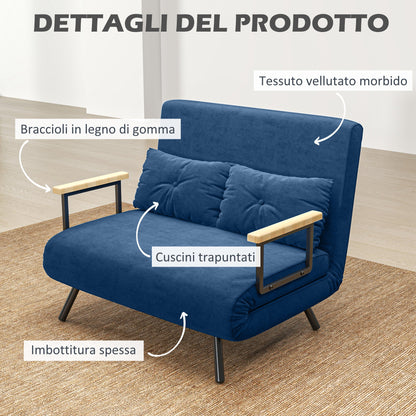 3 in 1 Velvet Fabric Sofa Bed with Adjustable Backrest and 2 Cushions, 102x73x81 cm, Blue