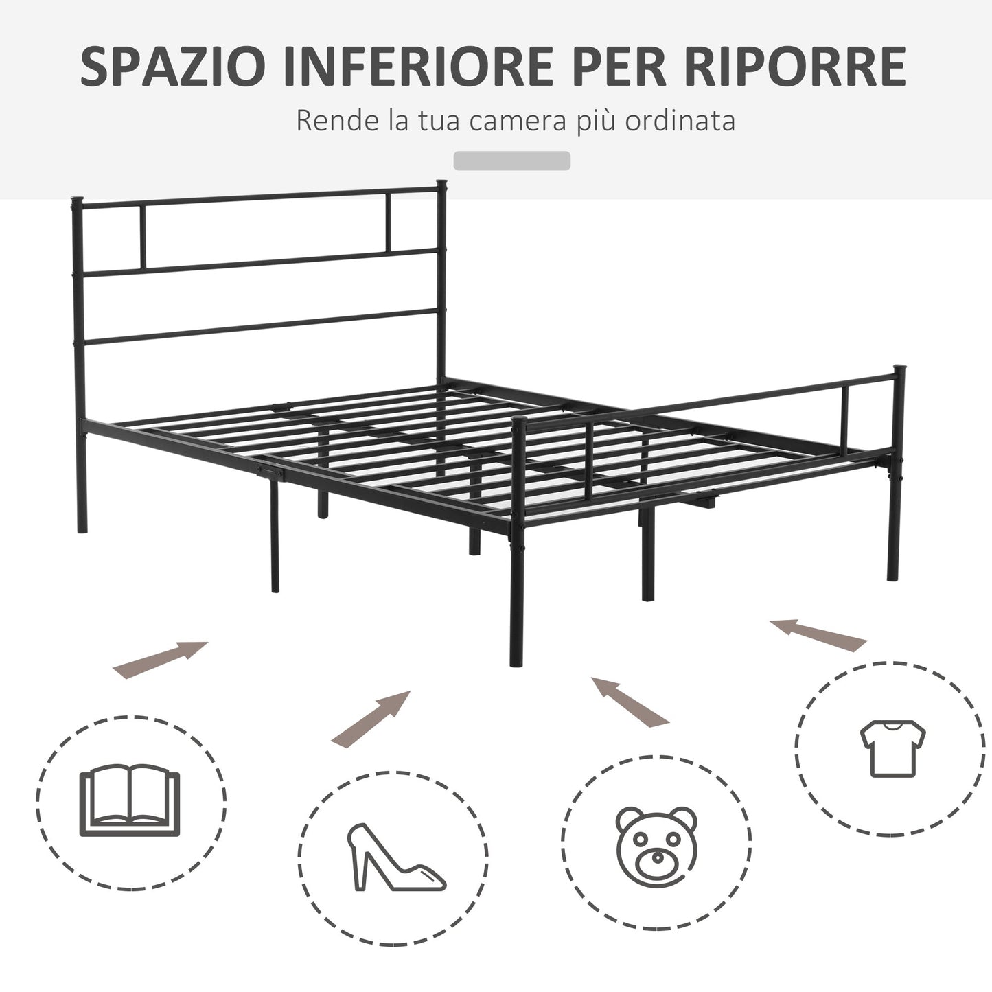 Queen Size Steel Bed Frame 140x200cm with Slats, Headboard and Footboard