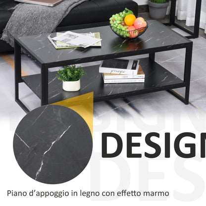 MALORCA | Black Marble Effect Coffee Table with Lower Shelf for Living Room or Office, 106x50x45cm