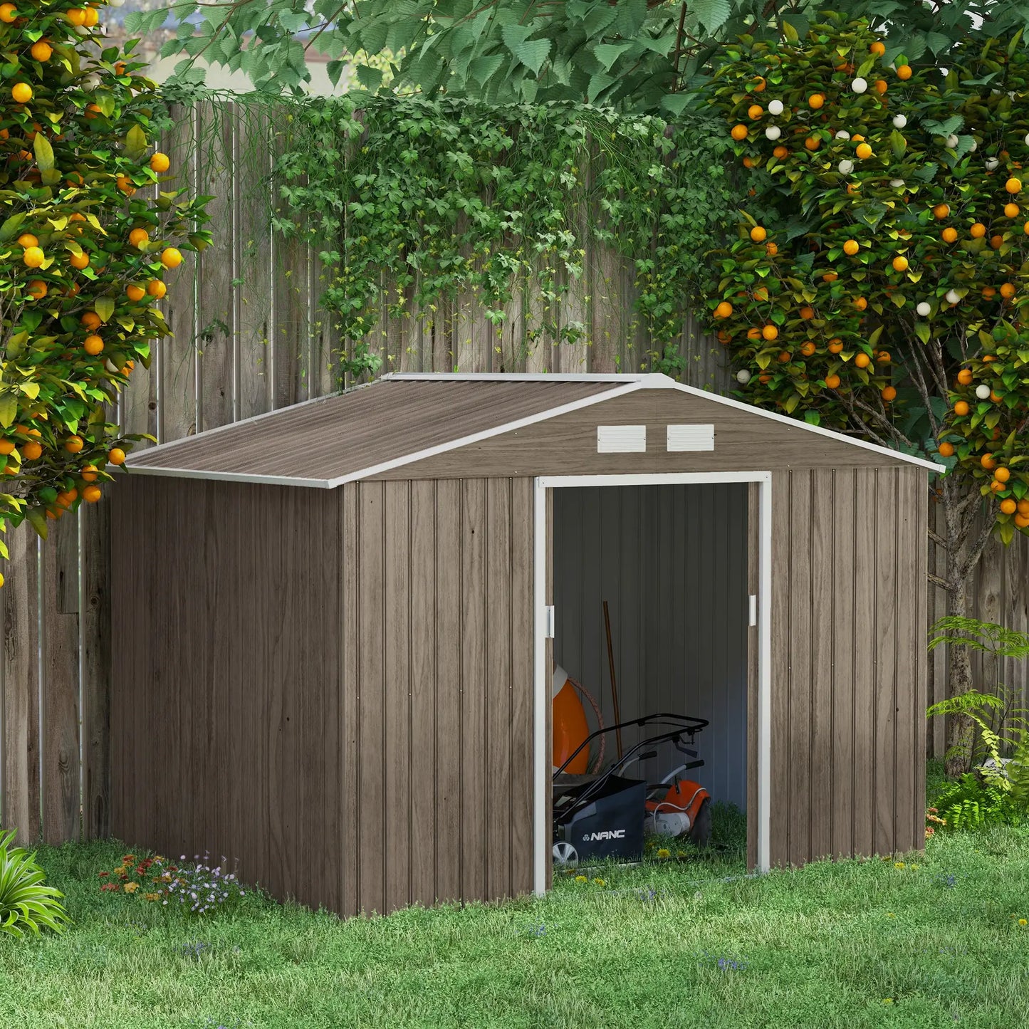 Steel Garden Shed with 4 Air Vents and 2 Sliding Doors, 277x195x192 cm, Light Brown