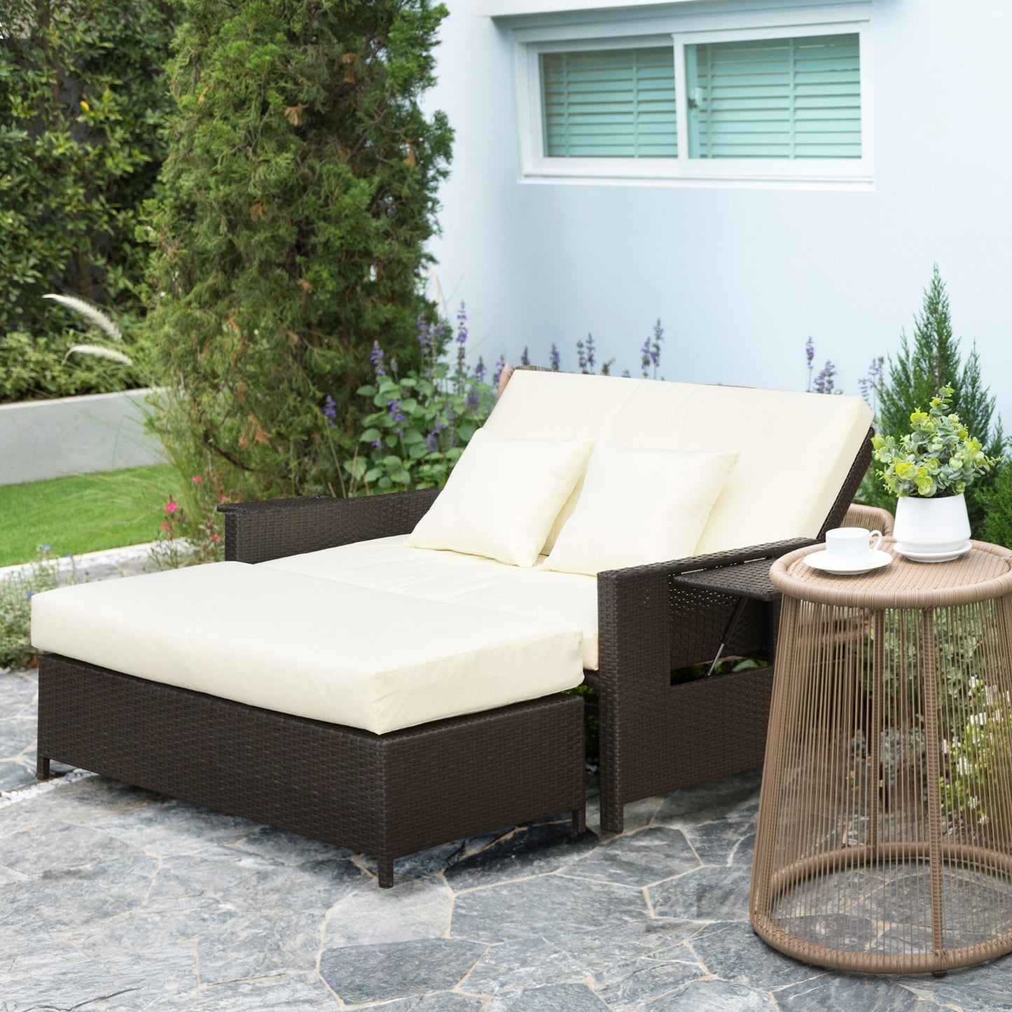 Modular Garden Sofa with Bench, Brown Rattan Garden Furniture, Space-Saving 2-Piece Set