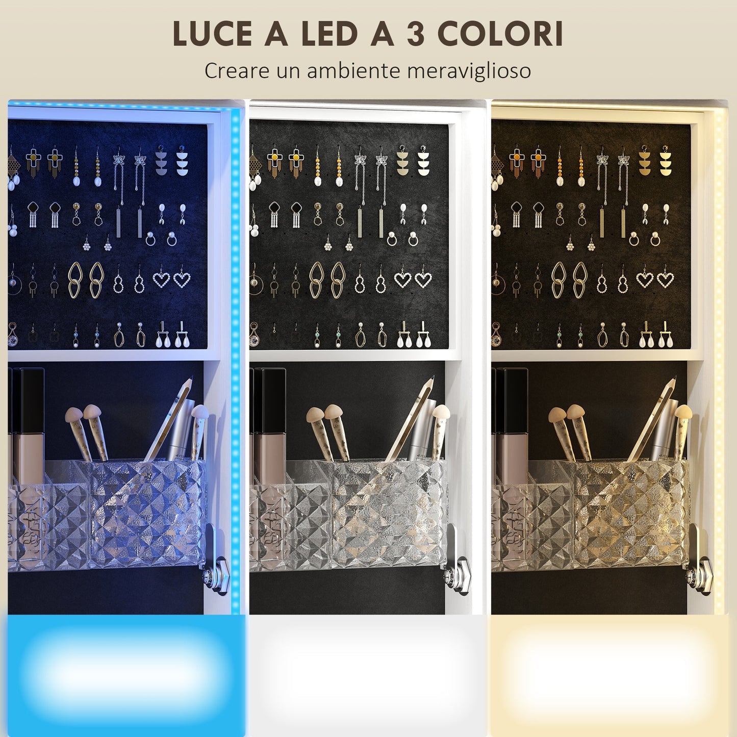 Jewelry Armoire with 360° Swivel Mirror, Adjustable LED Light, Lock and Shelves, 37x40x165.5 cm, Black