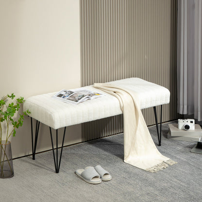 Modern Bedside Bench with Hairpin Legs, in Chenille Effect Fabric, Wood and Metal, 118.5x46x49.5 cm, Cream