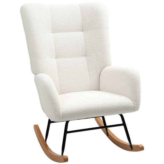 Teddy Velvet Rocking Chair, Metal and Wood for Bedroom and Living Room, 70x94x100 cm, Cream White
