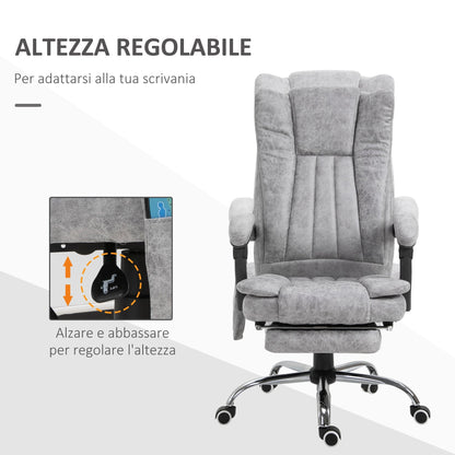 Height-Adjustable Heating and Massaging Office Chair, Armchair with Footrest, Ergonomic Microfiber Chair, 62x70x113-120 cm, Grey