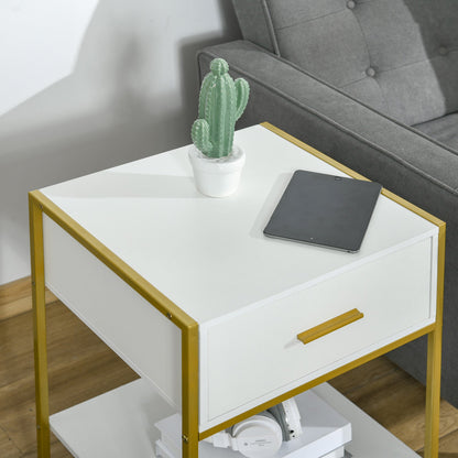Set of 2 Modern Bedside Tables with Drawer and Open Shelf in MDF and Steel, 45x40x60cm, White and Gold