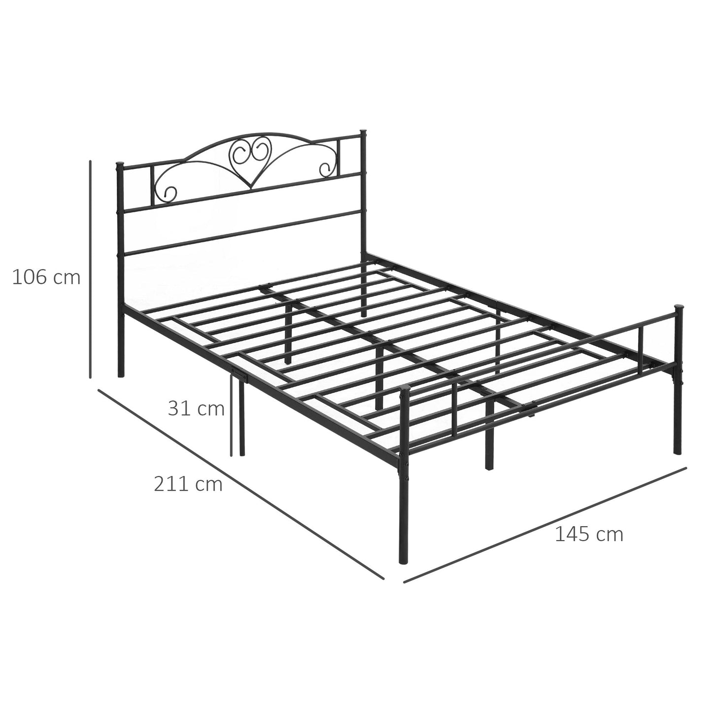 Queen Size Steel Bed Frame with Integrated Slats, Headboard and Footboard, 140x200cm