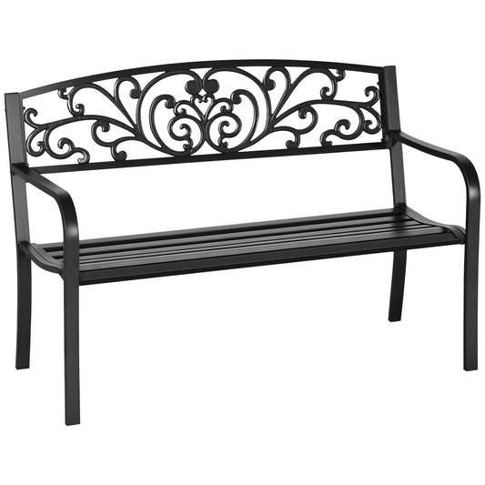 Metal Garden Bench with Decorated Backrest, 127x60x87cm - Black