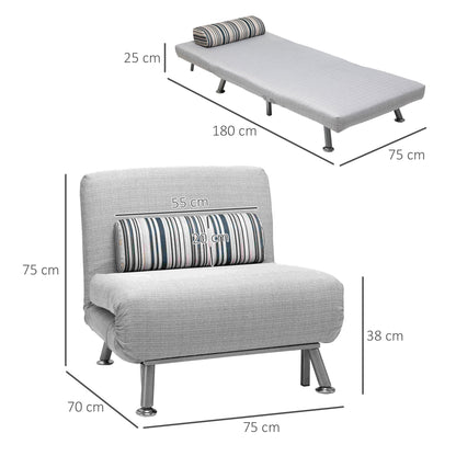 Single Armchair Bed, Armchair with Removable Mattress and Padded Cushion - 90-180° Adjustable Backrest and Metal Frame - 75x70x75 cm, Grey