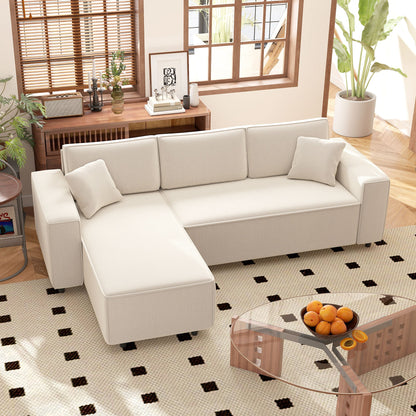 3 Seater Sofa with Peninsula in Velvet Effect Fabric, Foam and Nylon, 241x153x83 cm, Cream White