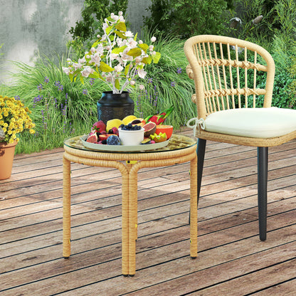 Round Rattan and Glass Garden Coffee Table in Boho Chic Style, Ø50x44 cm, Yellow