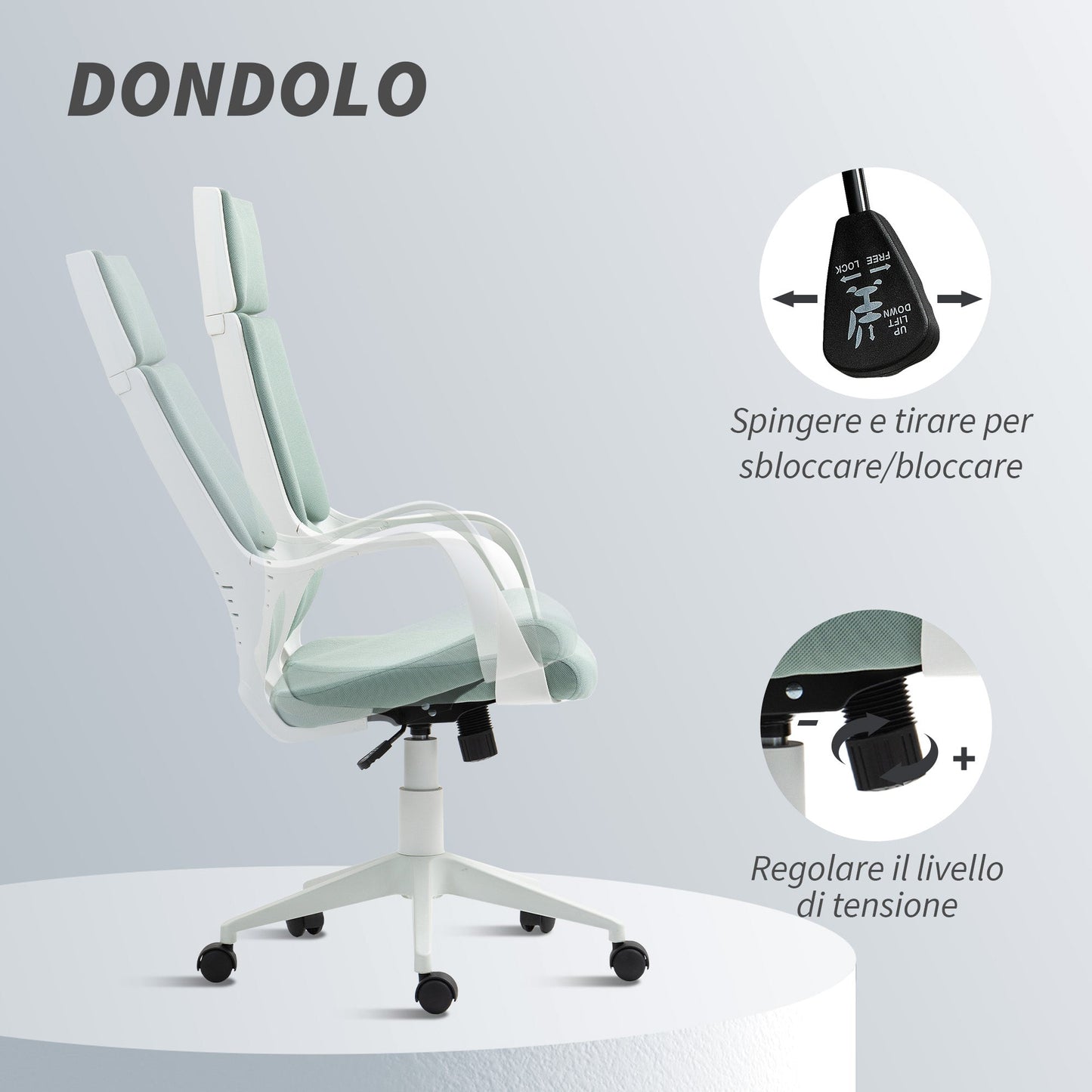 Fabric Office Chair with Rocking, Adjustable Height and Swivel Seat, 63x63x117-127 cm, Green