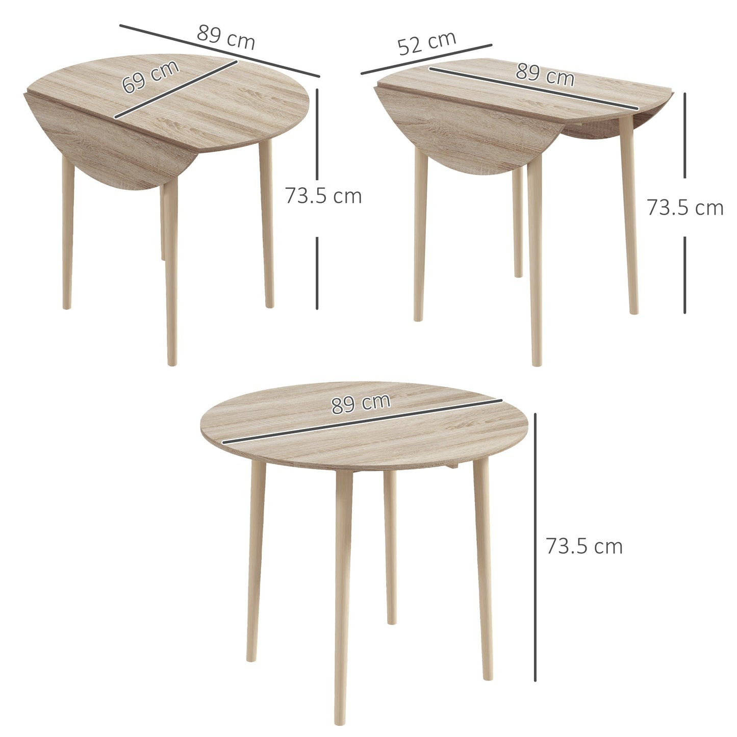 Modern Folding Drop-Leaf Table for Kitchen and Living Room, Chipboard, Ø89x73.5 cm