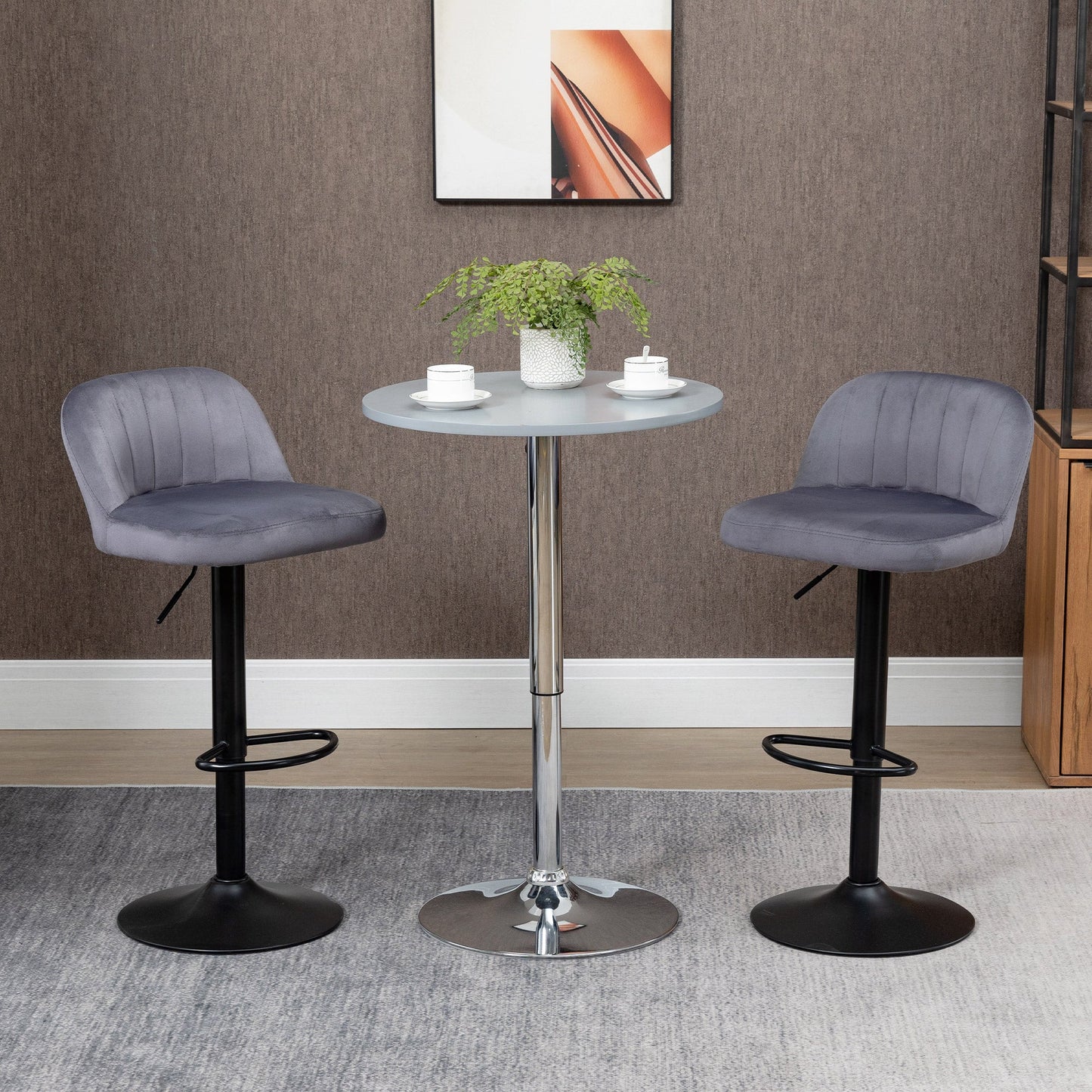 Set of 2 Bar Stools with Backrest and Footrest, Swivel with Adjustable Height, Grey