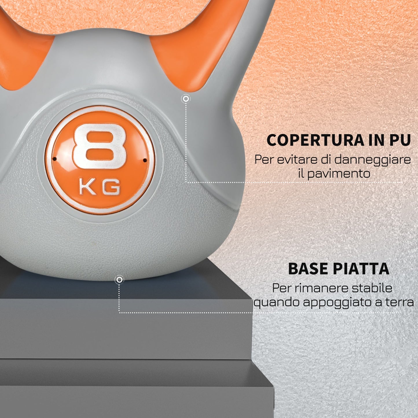 Kettlebell 8kg in PU and Sand with Flat Base and Handle for Deadlifts, Squats and Lifts, 20x14x24 cm, Orange