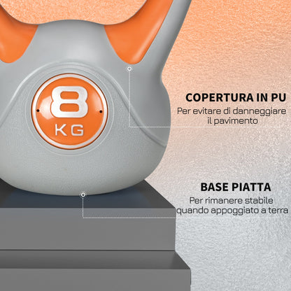 Kettlebell 8kg in PU and Sand with Flat Base and Handle for Deadlifts, Squats and Lifts, 20x14x24 cm, Orange