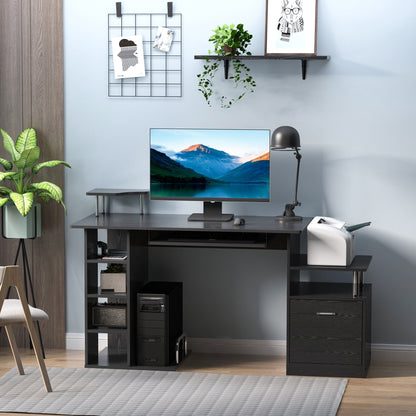 Desk for modern computer with drawers, shelves and removable keyboard, office desk for black wooden wood 152x60x88cm
