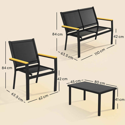 Outsunny 4-Piece Garden Furniture Set with Tempered Glass Coffee Table and 3 Teslin Fabric Seats, Black