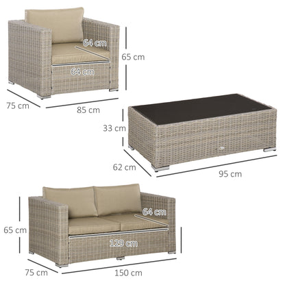 4 Piece Outdoor Rattan Lounge Set with 1 Sofa, 2 Armchairs and 1 Coffee Table, Khaki and Beige