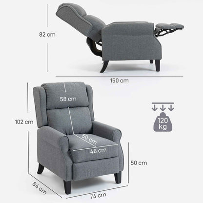 132° Max Reclining Chair in Linen Effect Fabric with Footrest, 74x84x102 cm, Grey