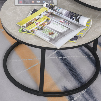 Set of 2 Round Nesting Coffee Tables in Metal and MDF with Marble Effect, Grey and Black