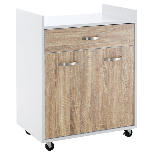 Kitchen Trolley Road for microwave with drawer, locker and 4 wheels, in wood, 60x40x77cm - white/oak