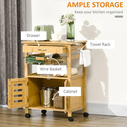 kitchen trolley with drawer, locker and removable wooden basket with swivel wheels, 66x36x79cm