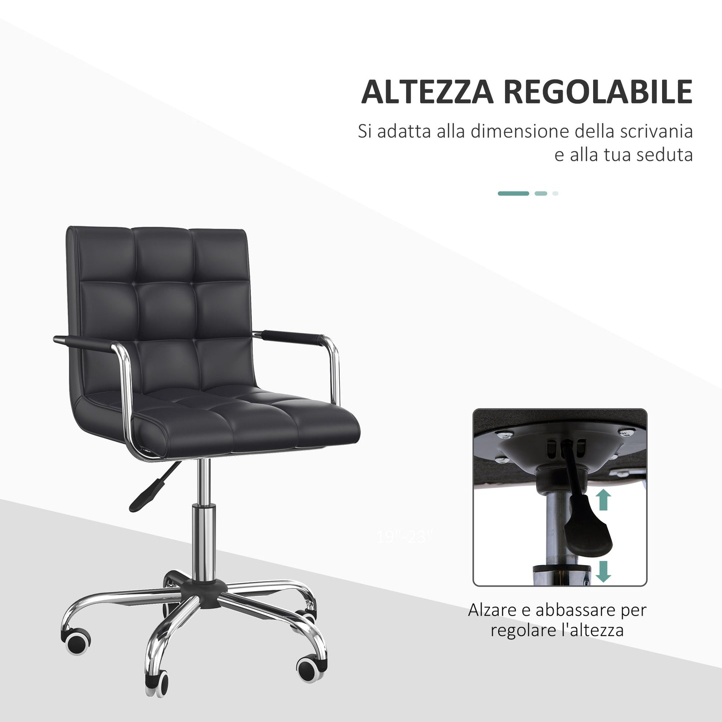 Ergonomic Office Chair in Black PU Leather, Study Chair with 5 Swivel Wheels, Padding and Adjustable Height, 52.5x54x84-99cm