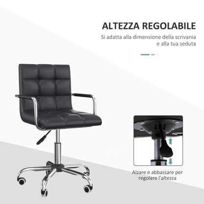 Ergonomic Office Chair in Black PU Leather, Study Chair with 5 Swivel Wheels, Padding and Adjustable Height, 52.5x54x84-99cm