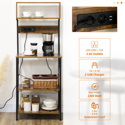 Kitchen Shelf with Power Socket, Shelves and Hooks Industrial Style, 60x42x153cm, Brown